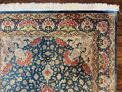 Magnificent Persian Qum Silk Rug 3x5, Blue, Super Fine 675 KPSI - 70 Raj, Floral Roses, Handmade Vintage Silk Carpet, Masterpiece - Nuvé