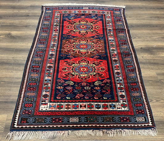 Antique Caucasian Seychour Rug 3.7 x 5.5, Collectible Oriental Carpet, Navy Blue and Red, Fine Kuba Rug, Vintage Rug, Wool Hand Knotted Rug - Nuvé