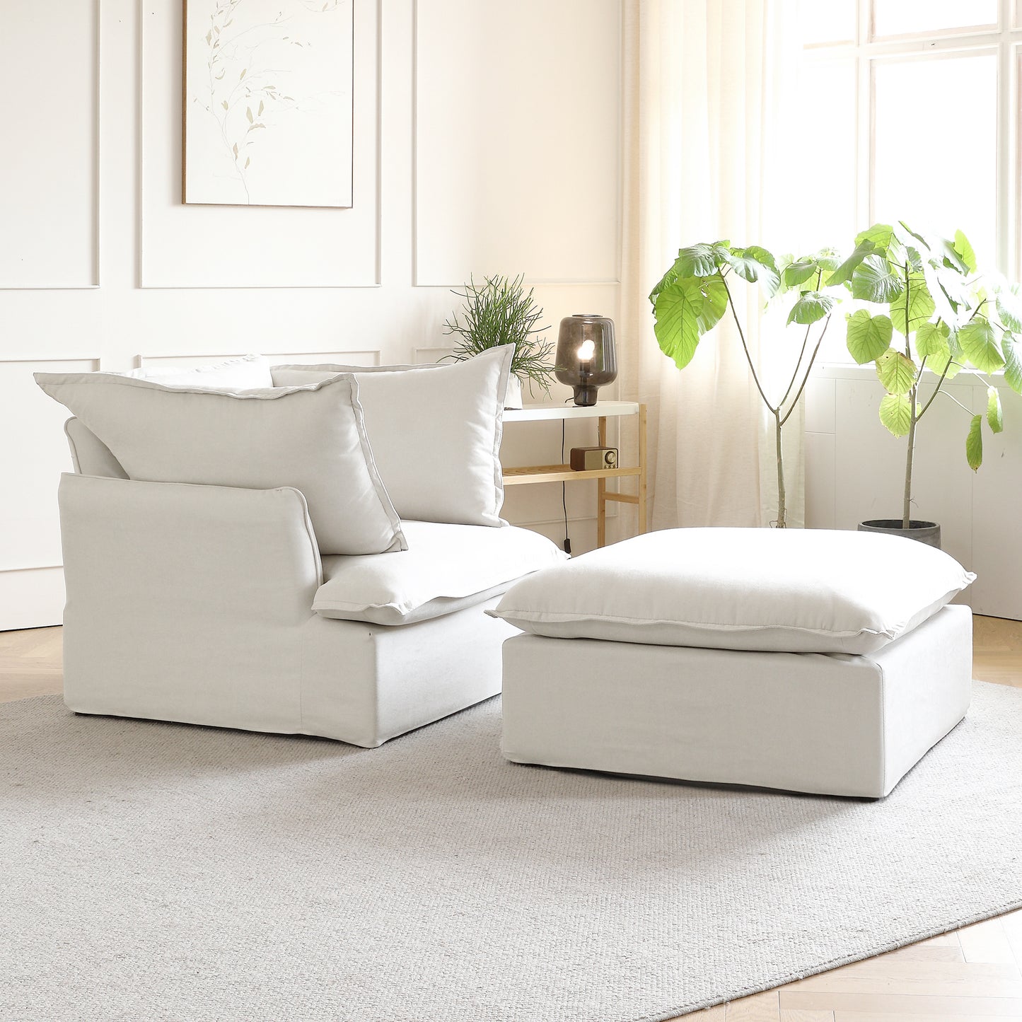Sabi Modular Boucle Cloud Sofa - Snow White - Single Seater Sofa with Ottoman - Nuvé