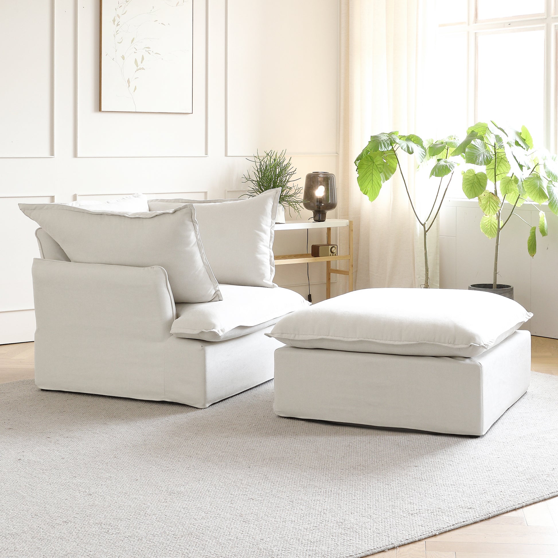Sabi Modular Boucle Cloud Sofa - Snow White - Single Seater Sofa with Ottoman - Nuvé