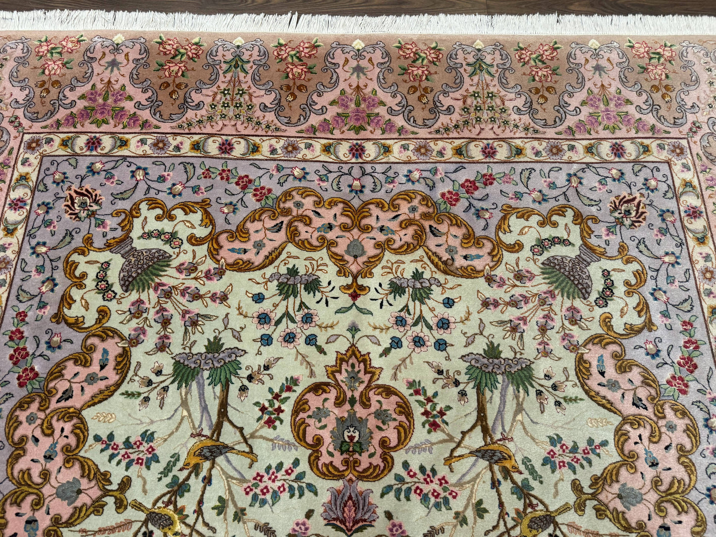 Wonderful Persian Tabriz Rug 7x10, Very Fine 330 KPSI, Light Green Light Blue Pink, Kork Wool Silk Foundation, Bird Pictorials - Nuvé