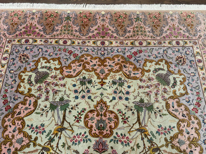 Wonderful Persian Tabriz Rug 7x10, Very Fine 330 KPSI, Light Green Light Blue Pink, Kork Wool Silk Foundation, Bird Pictorials - Nuvé