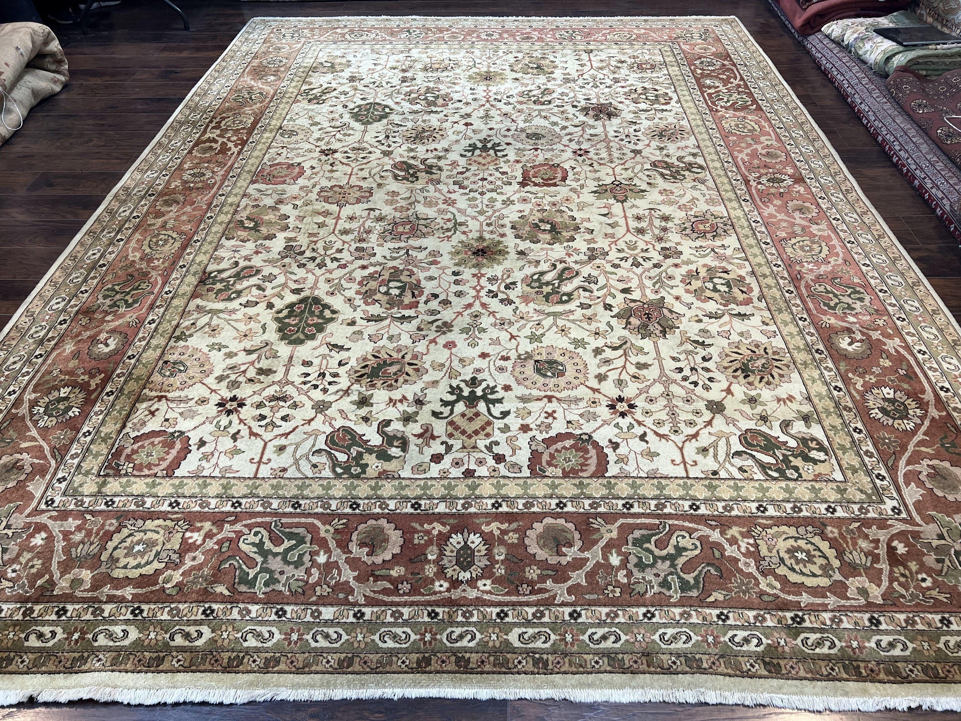 Large Indian Rug 10x14, Hand Knotted Indo Persian Gandehar Oriental Carpet, Vintage Wool Rug 10 x 14 ft Cream Red Floral Allover Traditional - Nuvé