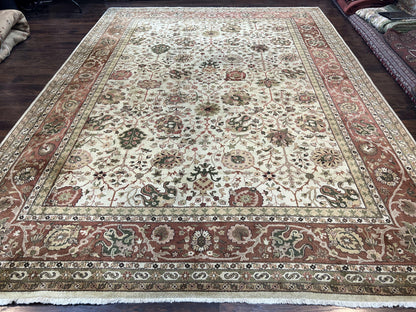 Large Indian Rug 10x14, Hand Knotted Indo Persian Gandehar Oriental Carpet, Vintage Wool Rug 10 x 14 ft Cream Red Floral Allover Traditional - Nuvé