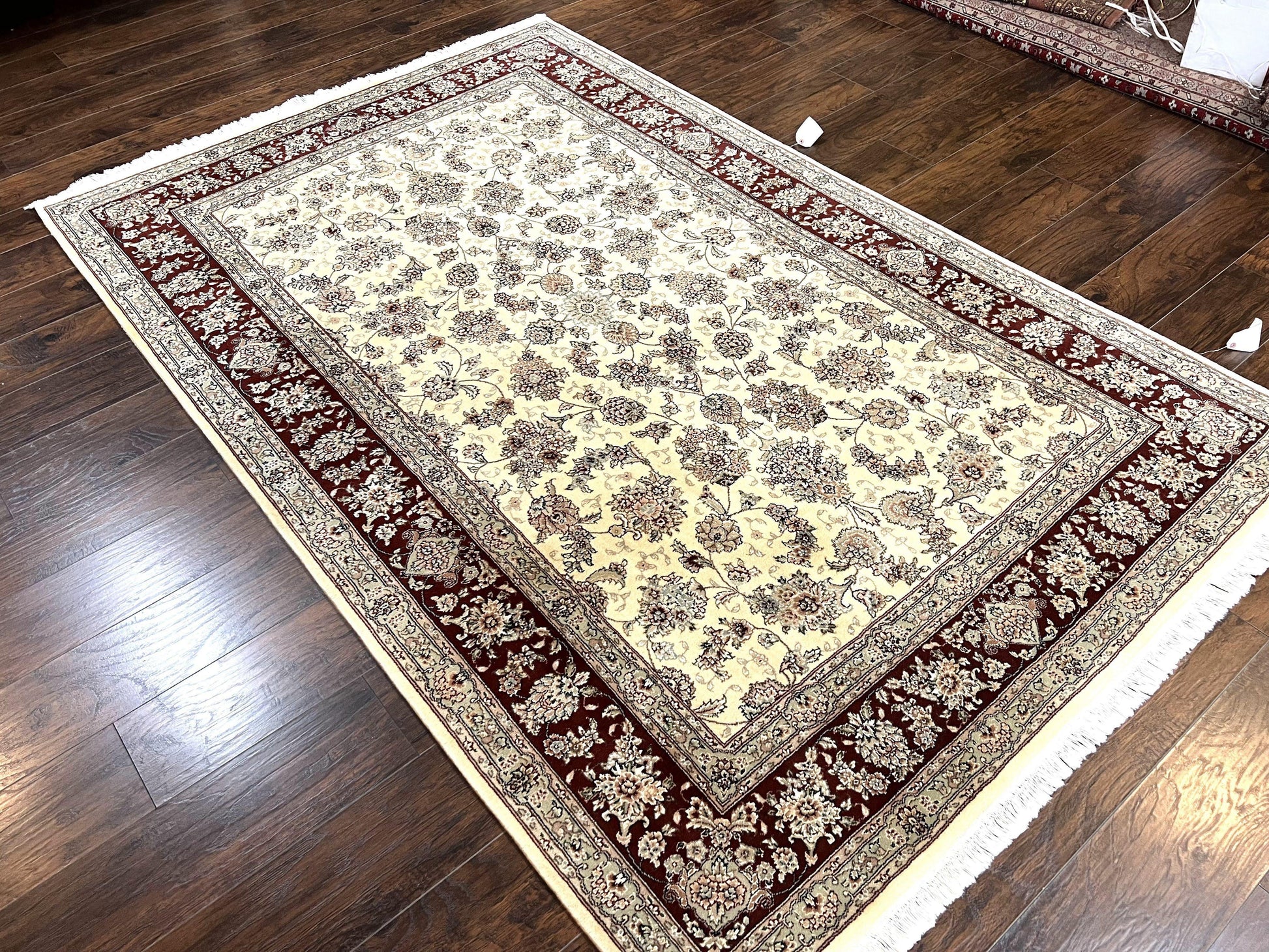 Pak Persian Rug 6x9, Floral Allover Carpet 6 x 9 ft, Cream and Maroon Hand Knotted Wool and Silk Fine Oriental Rug, Traditional Vintage Rug - Nuvé