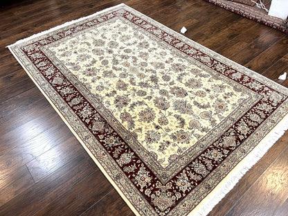Pak Persian Rug 6x9, Floral Allover Carpet 6 x 9 ft, Cream and Maroon Hand Knotted Wool and Silk Fine Oriental Rug, Traditional Vintage Rug - Nuvé