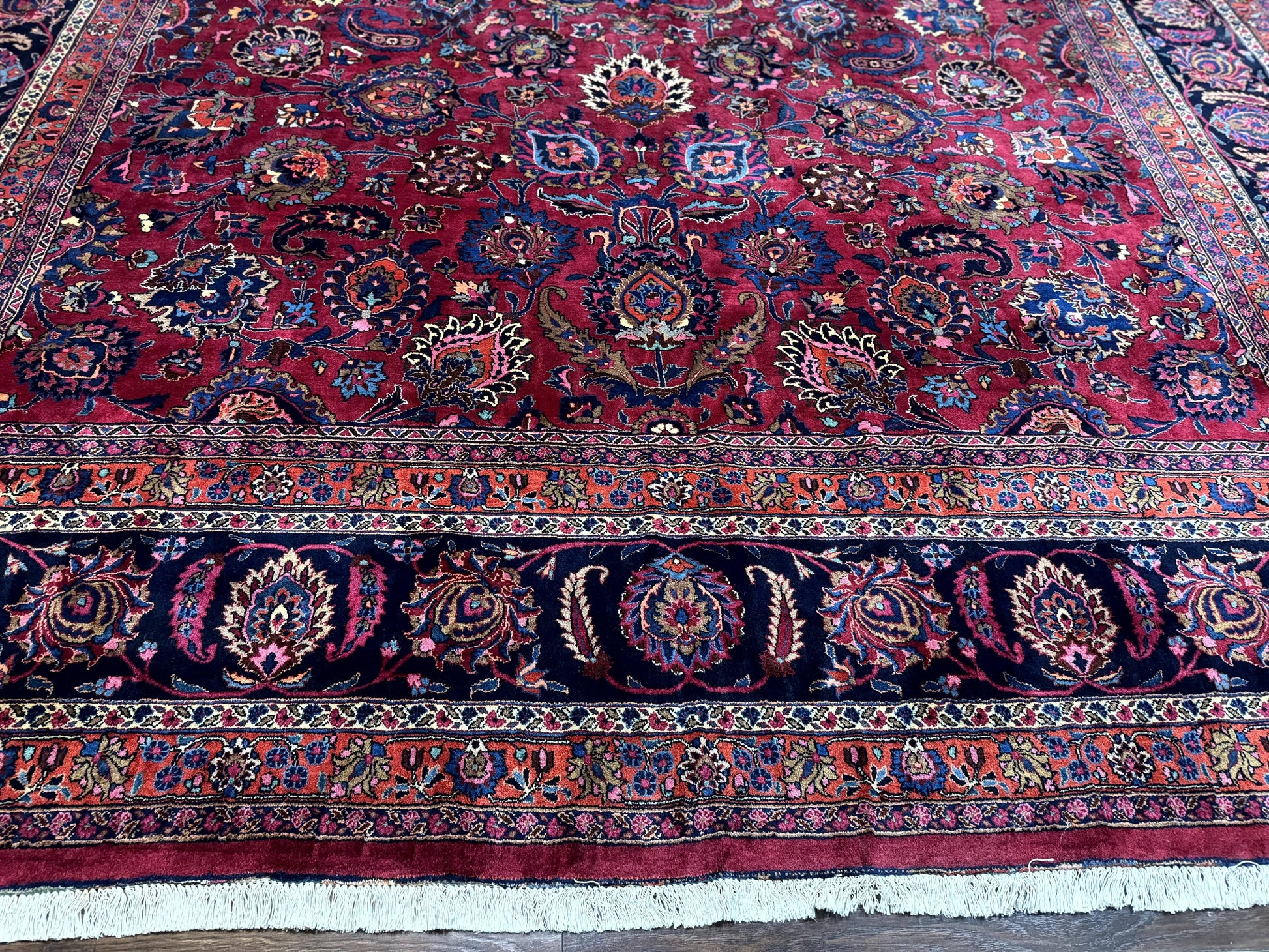 Palace Size Persian Mashad Rug 12x16, Raspberry and Navy Blue, Signature from Master Weaver, Antique Handmade Large Wool Carpet - Nuvé