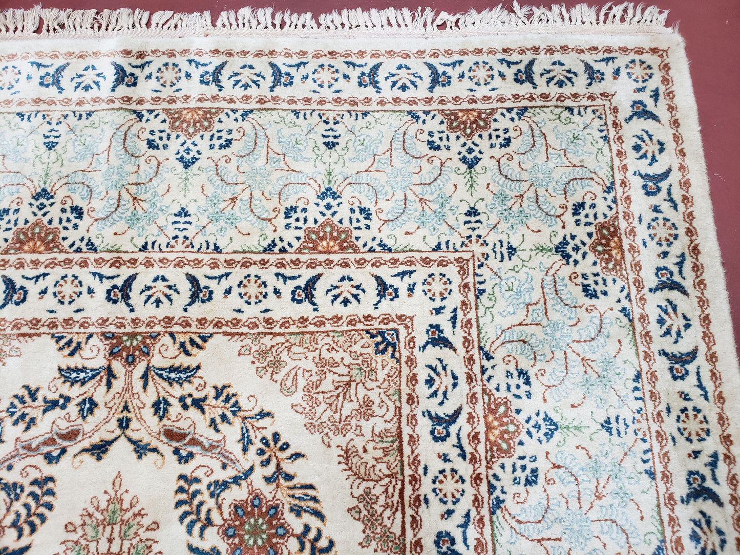 Fine Antique Persian Light Colored Kashan Carpet, 7x12, Top Quality, Rare, Ivory & Blues, Hand-Knotted, Wool - Nuvé
