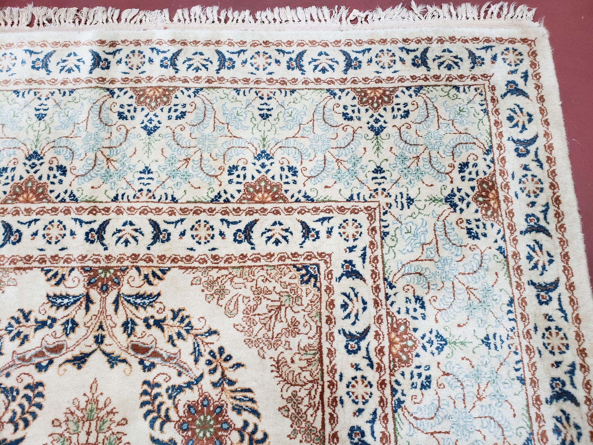 Fine Antique Persian Light Colored Kashan Carpet, 7x12, Top Quality, Rare, Ivory & Blues, Hand-Knotted, Wool - Nuvé