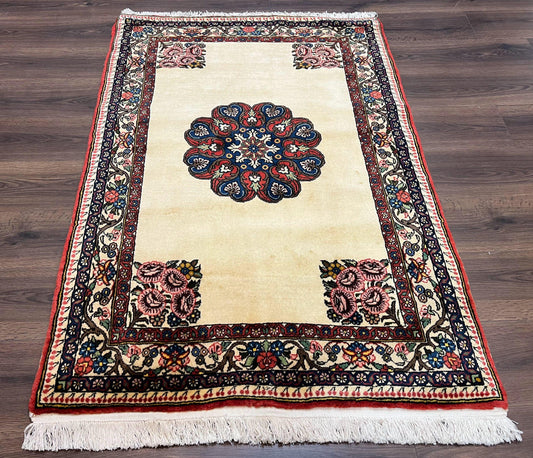 Persian Bidjar Rug 3x5, Open Field Medallion, Hand Knotted, Ivory/Cream Red Blue, Wool Oriental Bijar Carpet, 3 x 5 Vintage Area Rug, Floral Roses, Fine - Nuvé