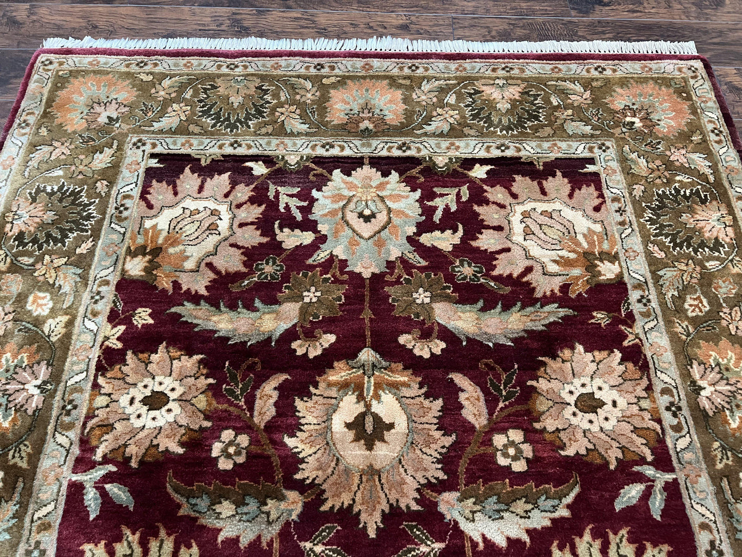 Indo Mahal Rug 6x9, Large Flowers Allover, Maroon and Green, Handmade Wool Area Rug, Vintage Rug, Indian Oriental Carpet, Hand Knotted Rug - Nuvé