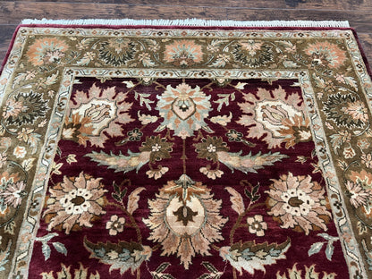 Indo Mahal Rug 6x9, Large Flowers Allover, Maroon and Green, Handmade Wool Area Rug, Vintage Rug, Indian Oriental Carpet, Hand Knotted Rug - Nuvé