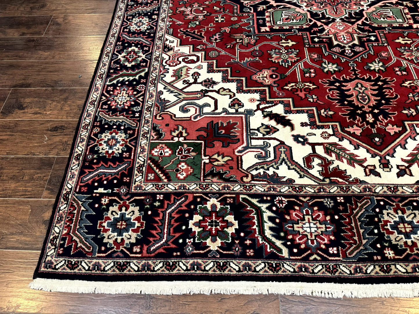 Indo Persian Heriz Rug 8x10, Geometric Medallion, Brick Red Ivory Navy Blue, Room Sized Heriz Carpet, Wool Rug - Nuvé