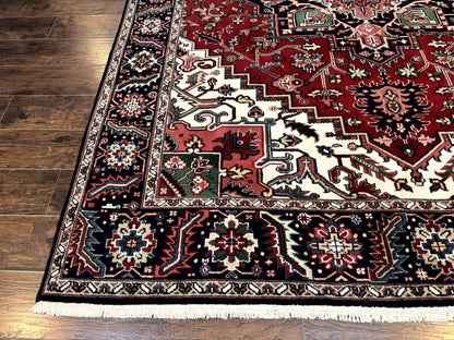 Indo Persian Heriz Rug 8x10, Geometric Medallion, Brick Red Ivory Navy Blue, Room Sized Heriz Carpet, Wool Rug - Nuvé
