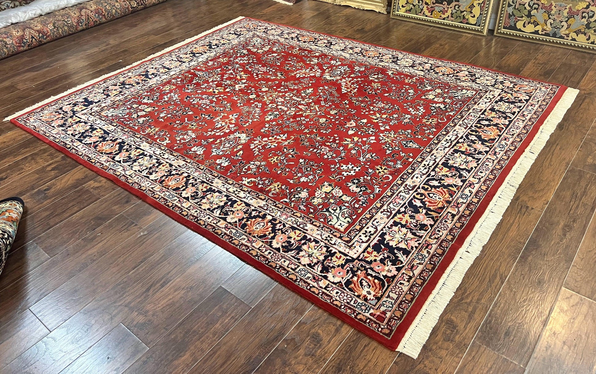 Indo Persian Sarouk Rug 8x10, Red, Floral Allover, Handmade Vintage Wool Carpet, Traditional Rug - Nuvé