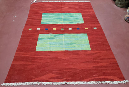 Red Turkish Kilim Rug, 5x7 - 6x8 Rugs, Red and Green Kilim Carpet, Kilim Area Rugs, Flatweave No Pile Rug, New Turkish Rug, Handmade Kilim - Nuvé