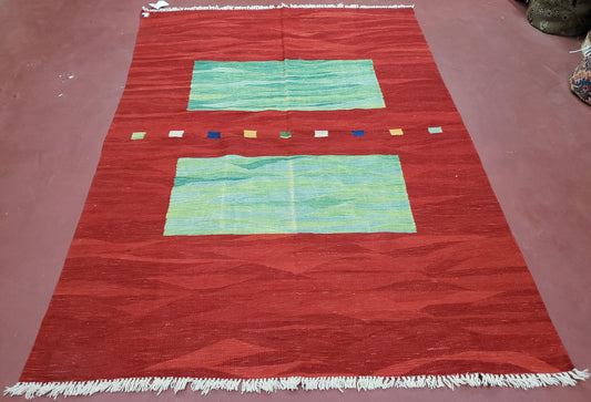 Red Turkish Kilim Rug, 5x7 - 6x8 Rugs, Red and Green Kilim Carpet, Kilim Area Rugs, Flatweave No Pile Rug, New Turkish Rug, Handmade Kilim - Nuvé