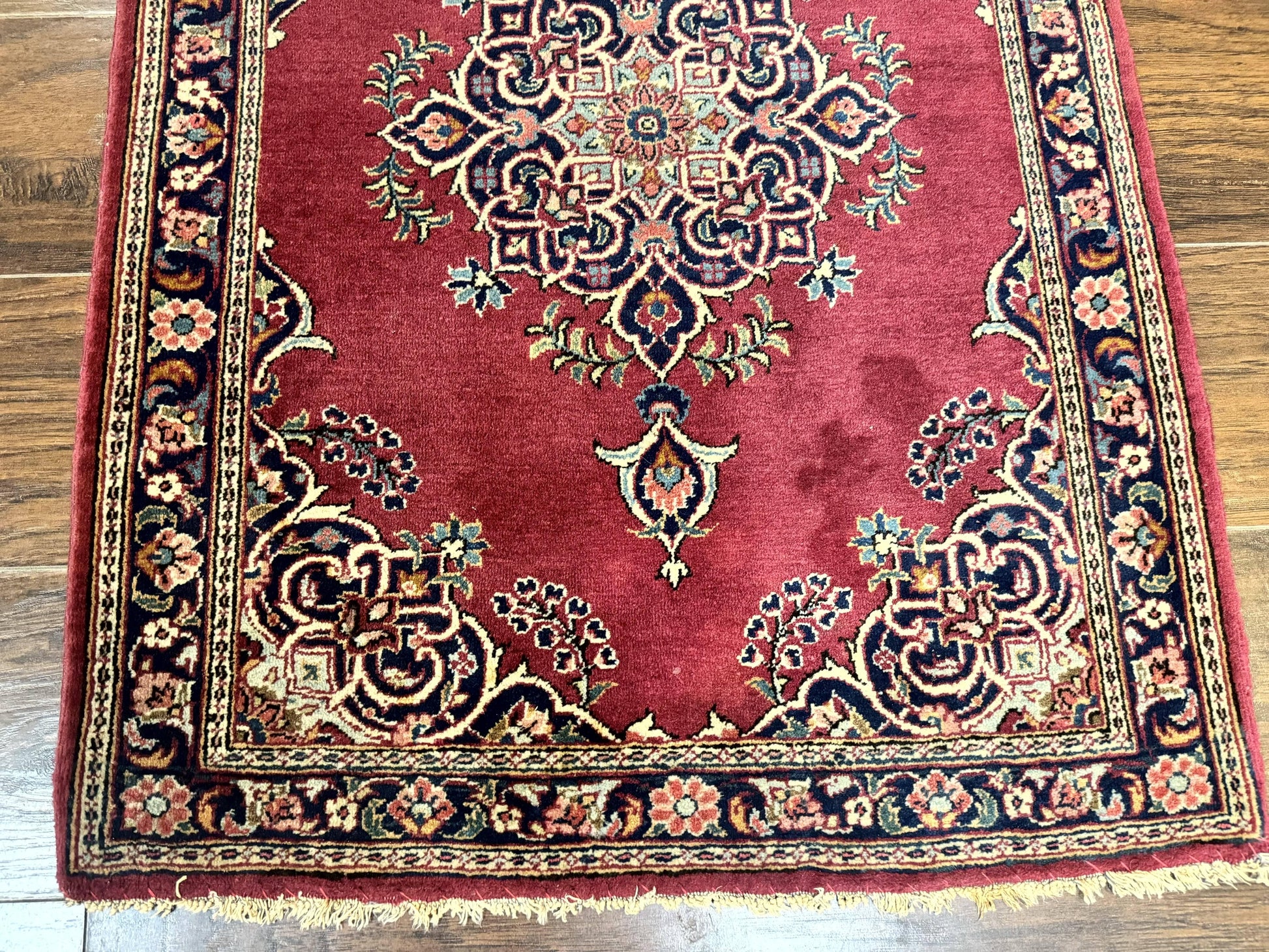 Small Persian Kashan Rug 2x3, Red and Navy Blue, Handmade Vintage Wool Semi Antique Persian Carpet, Semi Open Field - Nuvé
