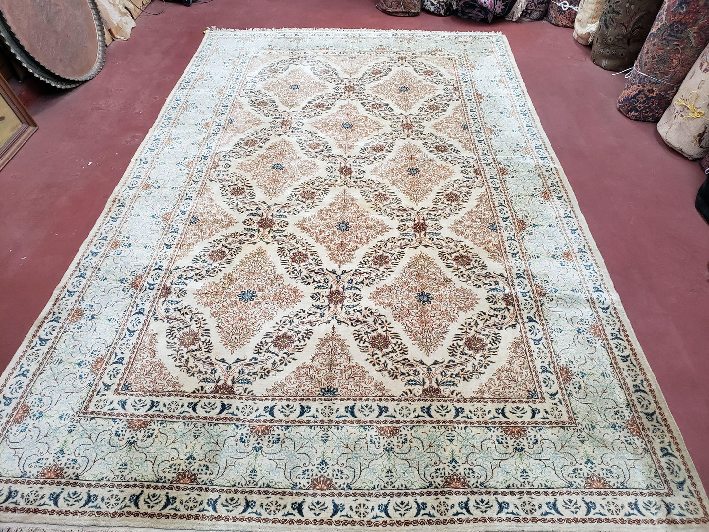 Fine Antique Persian Light Colored Kashan Carpet, 7x12, Top Quality, Rare, Ivory & Blues, Hand-Knotted, Wool - Nuvé