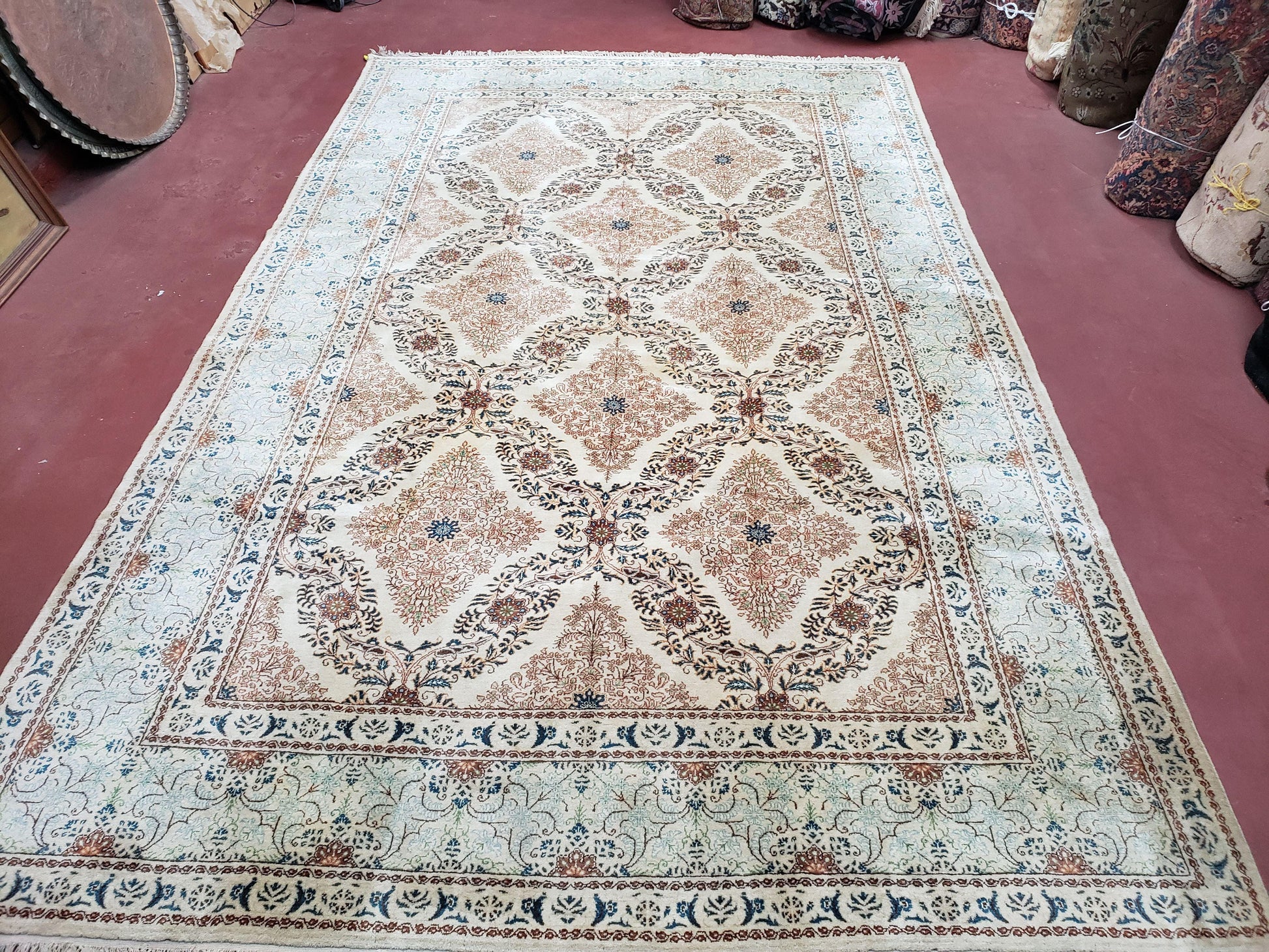 Fine Antique Persian Light Colored Kashan Carpet, 7x12, Top Quality, Rare, Ivory & Blues, Hand-Knotted, Wool - Nuvé