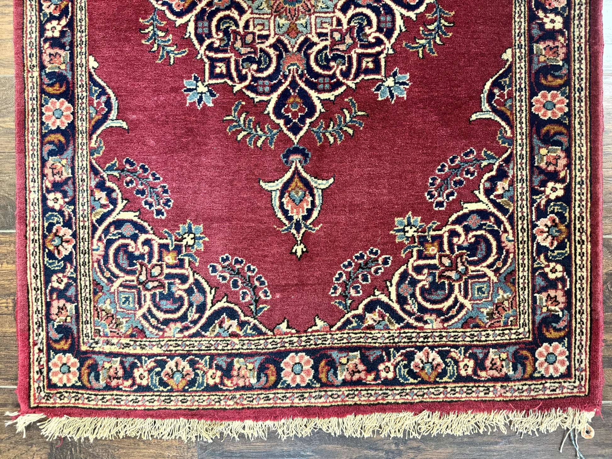 Small Persian Kashan Rug 2x3, Red and Navy Blue, Handmade Vintage Wool Semi Antique Persian Carpet, Semi Open Field - Nuvé