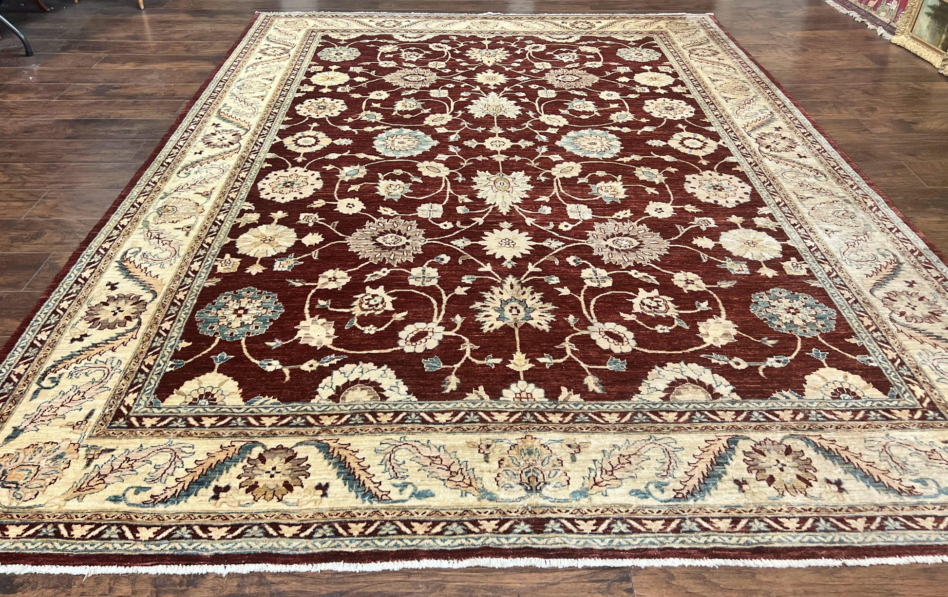 Peshawar Rug 9x11, Pakistani Oriental Carpet, Maroon and Beige, Floral Allover, Wool Hand Knotted Handmade Vintage Rug - Nuvé