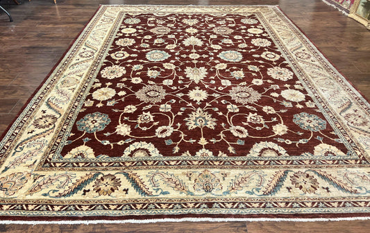 Peshawar Rug 9x11, Pakistani Oriental Carpet, Maroon and Beige, Floral Allover, Wool Hand Knotted Handmade Vintage Rug - Nuvé