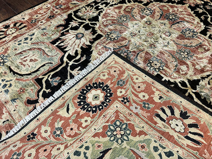 Pak Persian Rug 8x10, Pakistani Mahal Sultanabad Carpet, Signature from Master Weaver, Shiny Wool, Black Red Vintage Handmade Medallion Rug - Nuvé