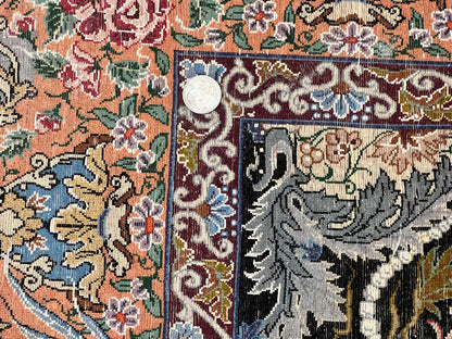 Wonderful Persian Isfahan Rug 3.7 x 5, Kork Wool on Silk Foundation, Very Fine 460 KPSI, Tree of Life Persian Vase Design Animal Pictorials Peacocks - Nuvé