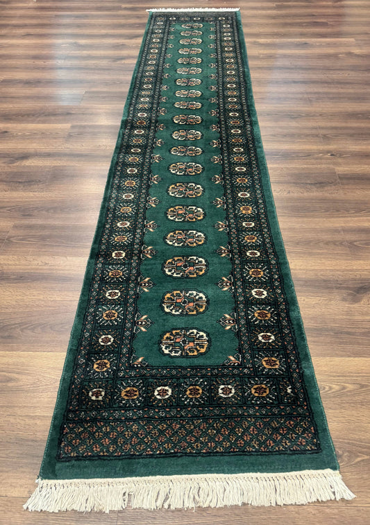 Pakistani Bokhara Runner Rug 2.5 x 11, Green Turkoman Wool Runner for Hallway - Nuvé