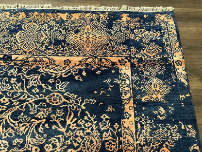 Area Rug 8x10 High Quality Handmade Oriental Carpet, Modern Contemporary Rug, Rug for Living Room, Wool Rug, Blue and Gold, Pakistani Rug - Nuvé