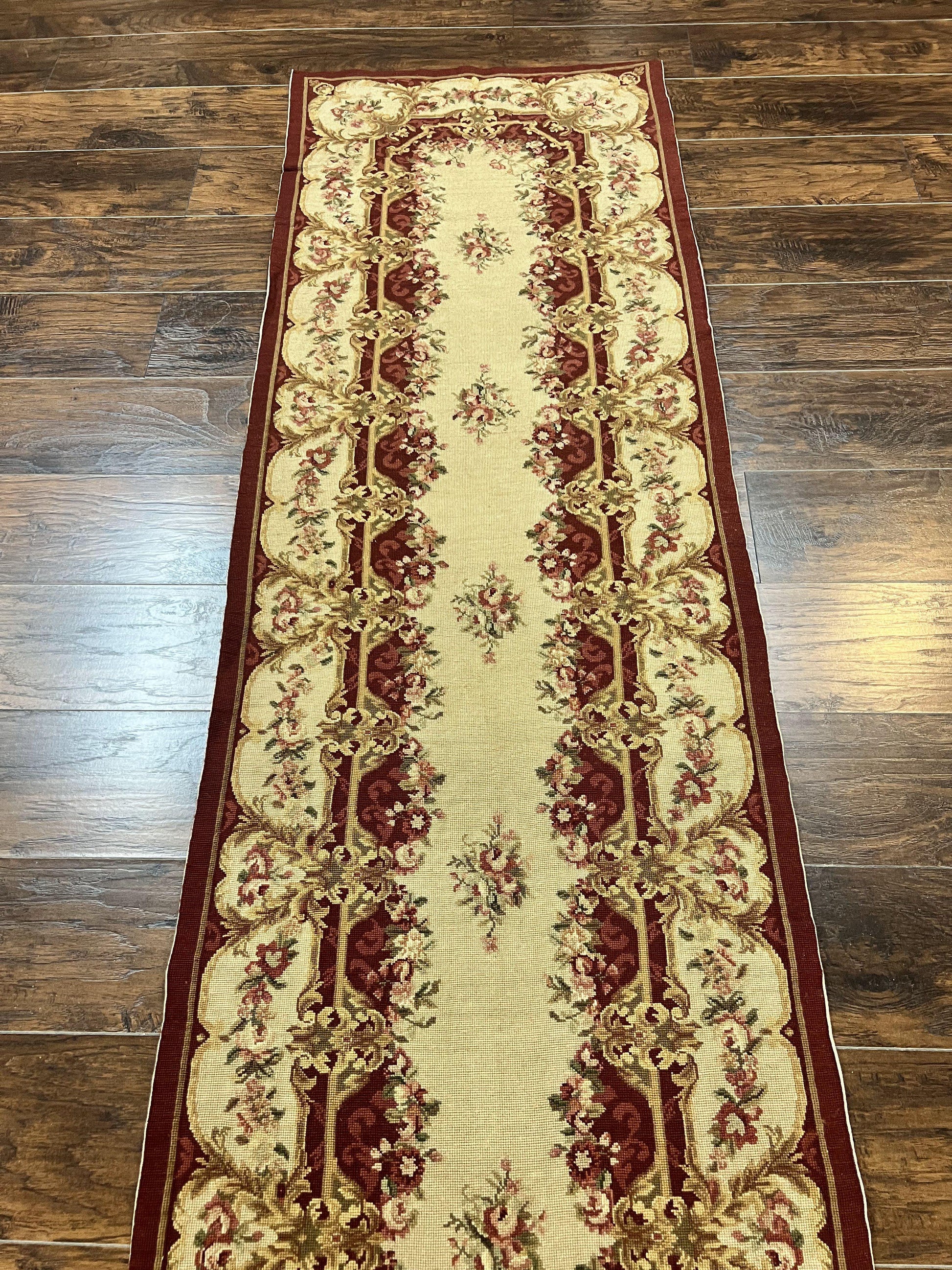 Needlepoint Runner Rug 2.5 x 10.7, Tan Runner Rug, Flatweave Runner, Aubusson European Design, Needlepoint Rug, Long Runner, Hallway Rug - Nuvé