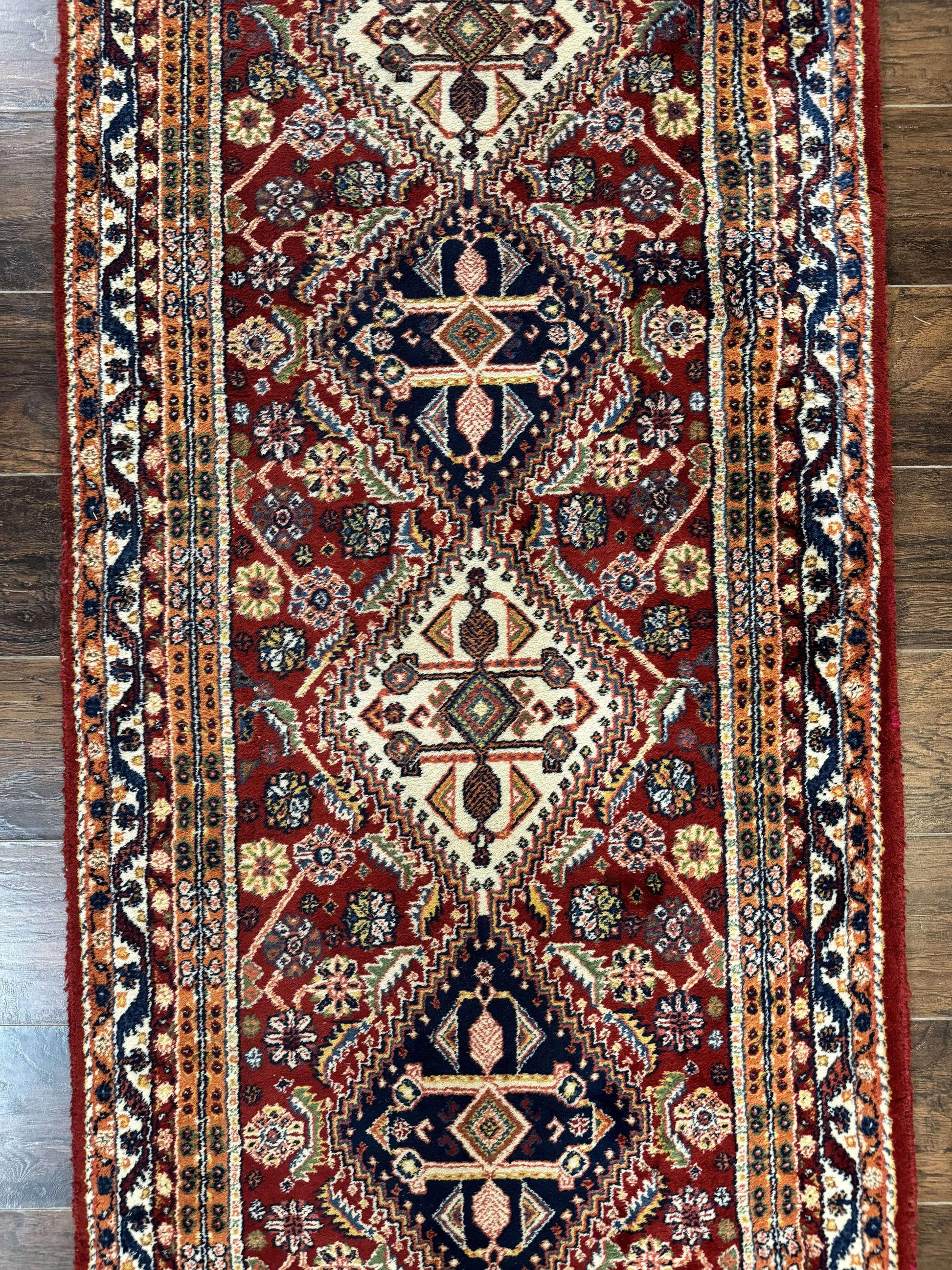 Antique Persian Qashqai Runner Rug 3 x 13 ft, Tribal Runner, Geometric Medallions, Red Ivory Blue, Wool - Nuvé