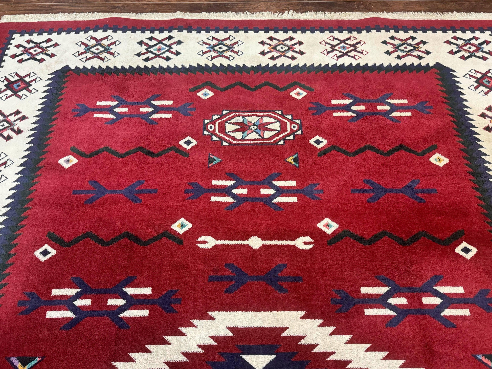 Belgium Power Loomed Rug 8x11, Navajo Native American Design, Dark Red and Ivory, Tribal Rug, Bohemian Carpet - Nuvé