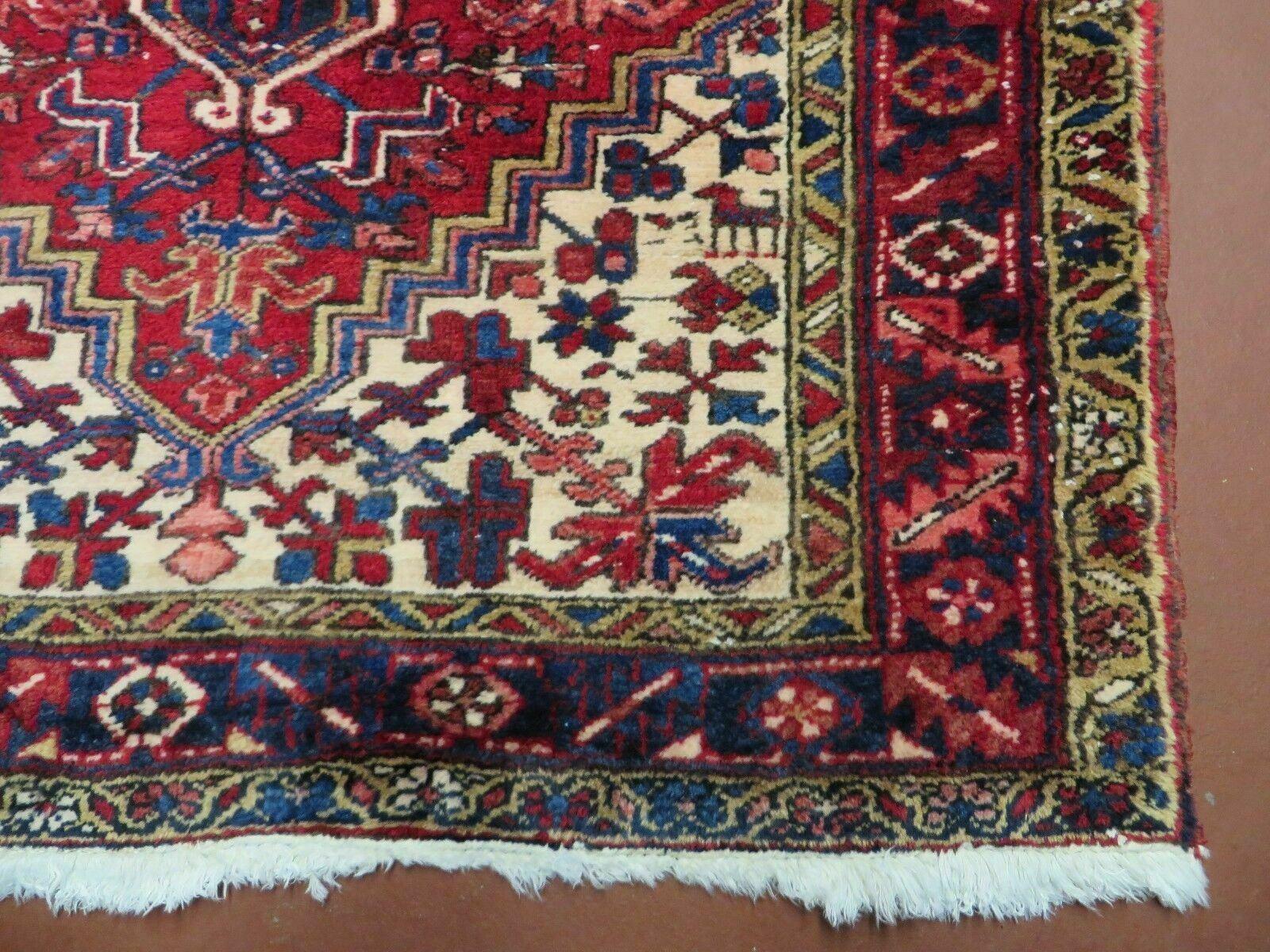 Persian Runner Rug, Heriz Runner Rug, Geometric Medallions, Red Cream Navy Blue Wool Hallway Rug 3.9 x 10.8 Antique Oriental Runner Handmade - Nuvé