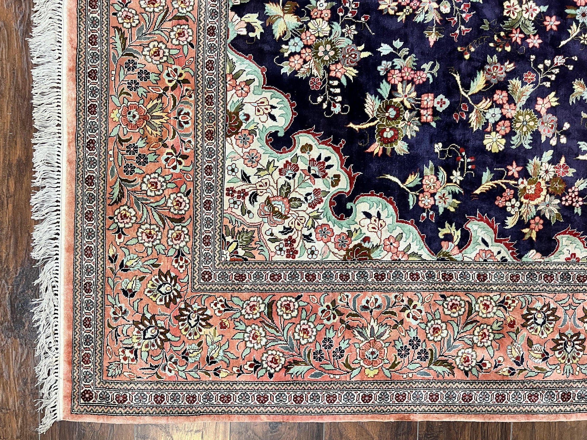 Stunning Silk Persian Qum Rug 7x9, Finely Hand Knotted Navy Blue & Salmon Floral Medallion Authentic Oriental Carpet, Vintage Handmade Silk Ghom Rug, Silk on Silk - Nuvé