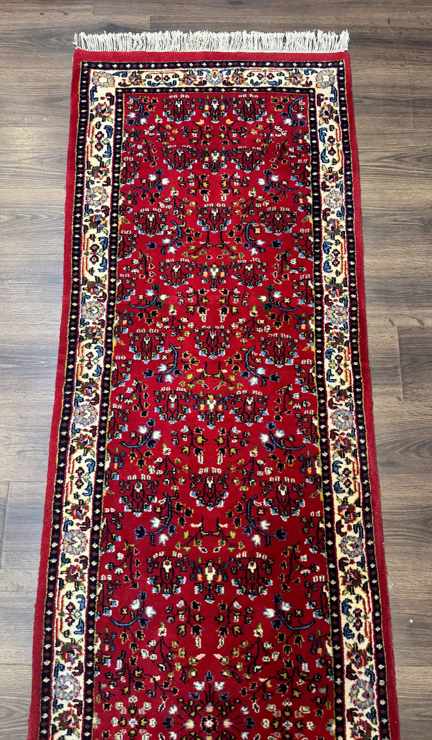 Indo Persian Sarouk Runner Rug 3 x 12, Red and Cream, Allover Pattern, 12ft Runner, Hand Knotted - Nuvé