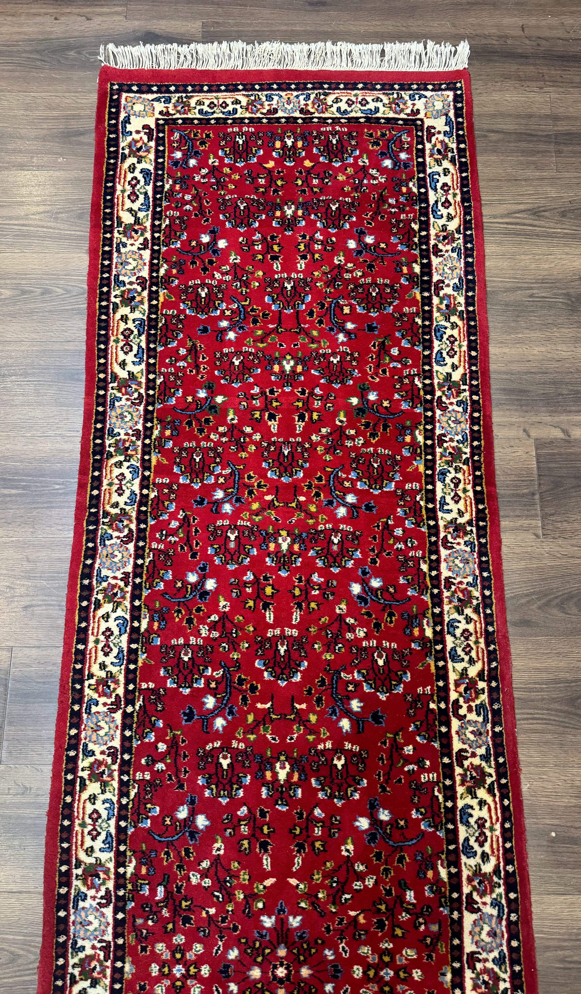 Indo Persian Sarouk Runner Rug 3 x 12, Red and Cream, Allover Pattern, 12ft Runner, Hand Knotted - Nuvé