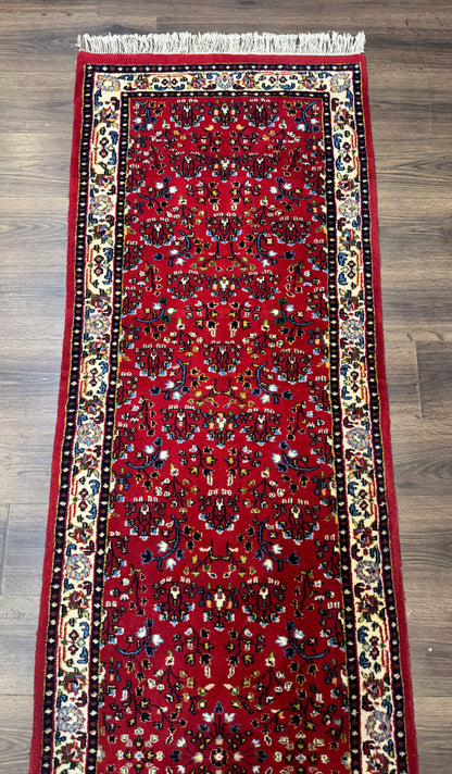 Indo Persian Sarouk Runner Rug 3 x 12, Red and Cream, Allover Pattern, 12ft Runner, Hand Knotted - Nuvé