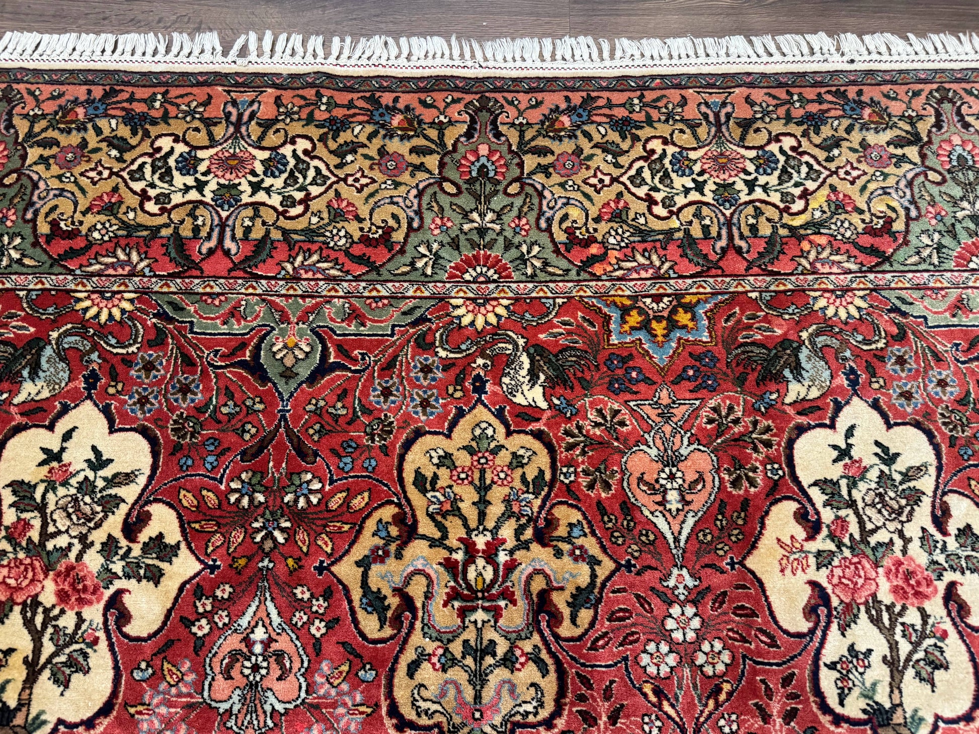 Antique Tabriz Persian Rug 7x10, Red Cream Tan, Unique Design, Fine 270 KPSI, Birds, Floral - Nuvé