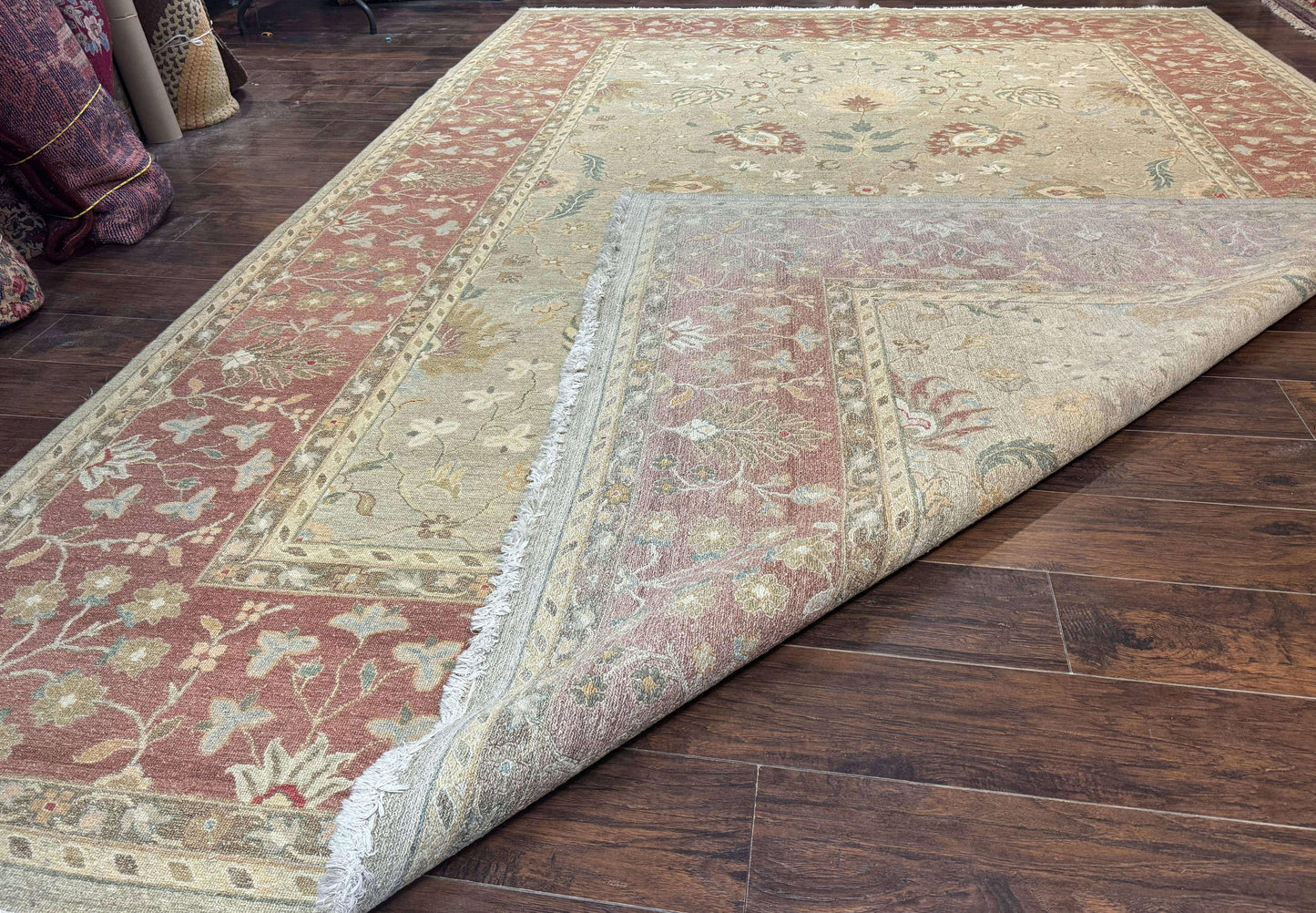 Large Turkish Soumak Rug 10x14, Flatweave Dhurrie, Handmade, Light Green and Salmon - Nuvé