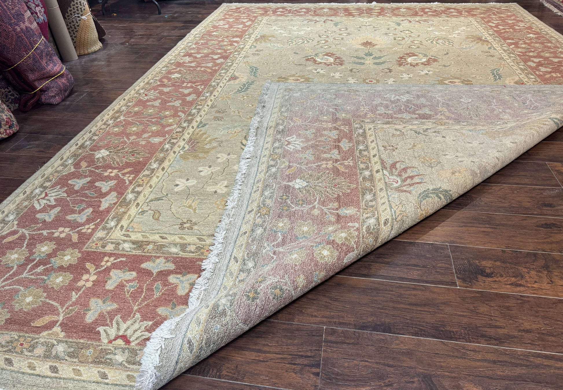 Large Turkish Soumak Rug 10x14, Flatweave Dhurrie, Handmade, Light Green and Salmon - Nuvé