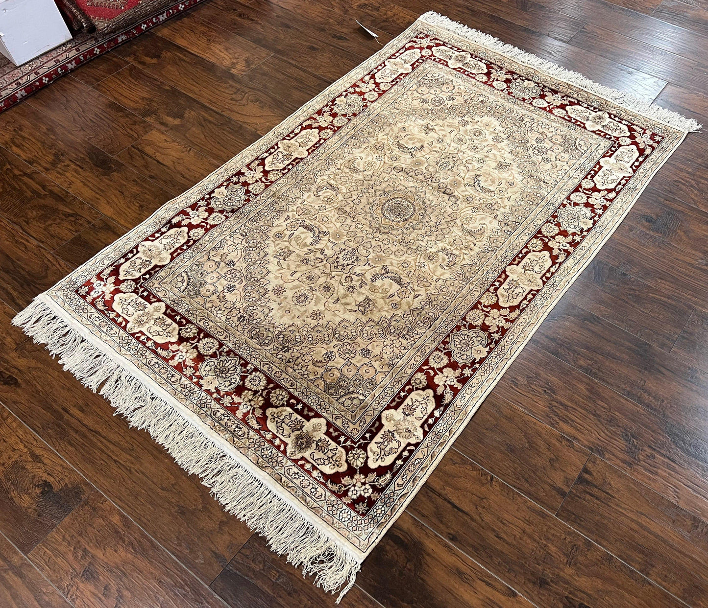 Silk Indian Kashmiri Rug 4x6 ft, Floral Medallion Hand Knotted Handmade Oriental Carpet, Vintage, Cream Burgundy, Very Fine Silk Rug 4 x 6 - Nuvé