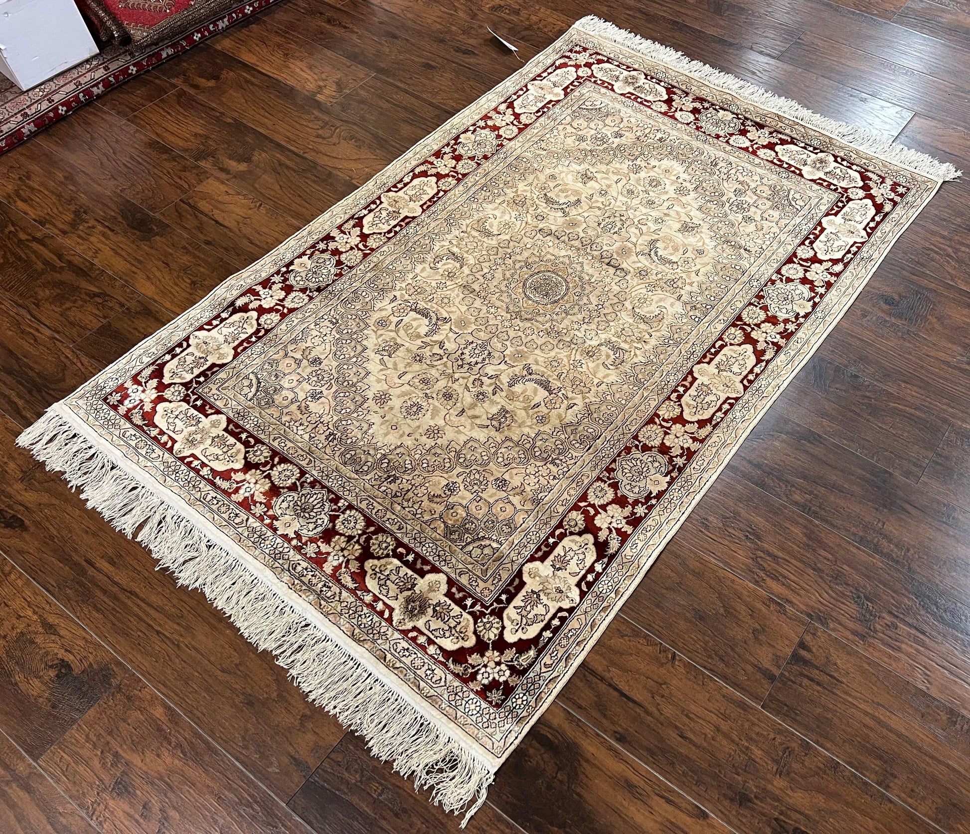 Silk Indian Kashmiri Rug 4x6 ft, Floral Medallion Hand Knotted Handmade Oriental Carpet, Vintage, Cream Burgundy, Very Fine Silk Rug 4 x 6 - Nuvé