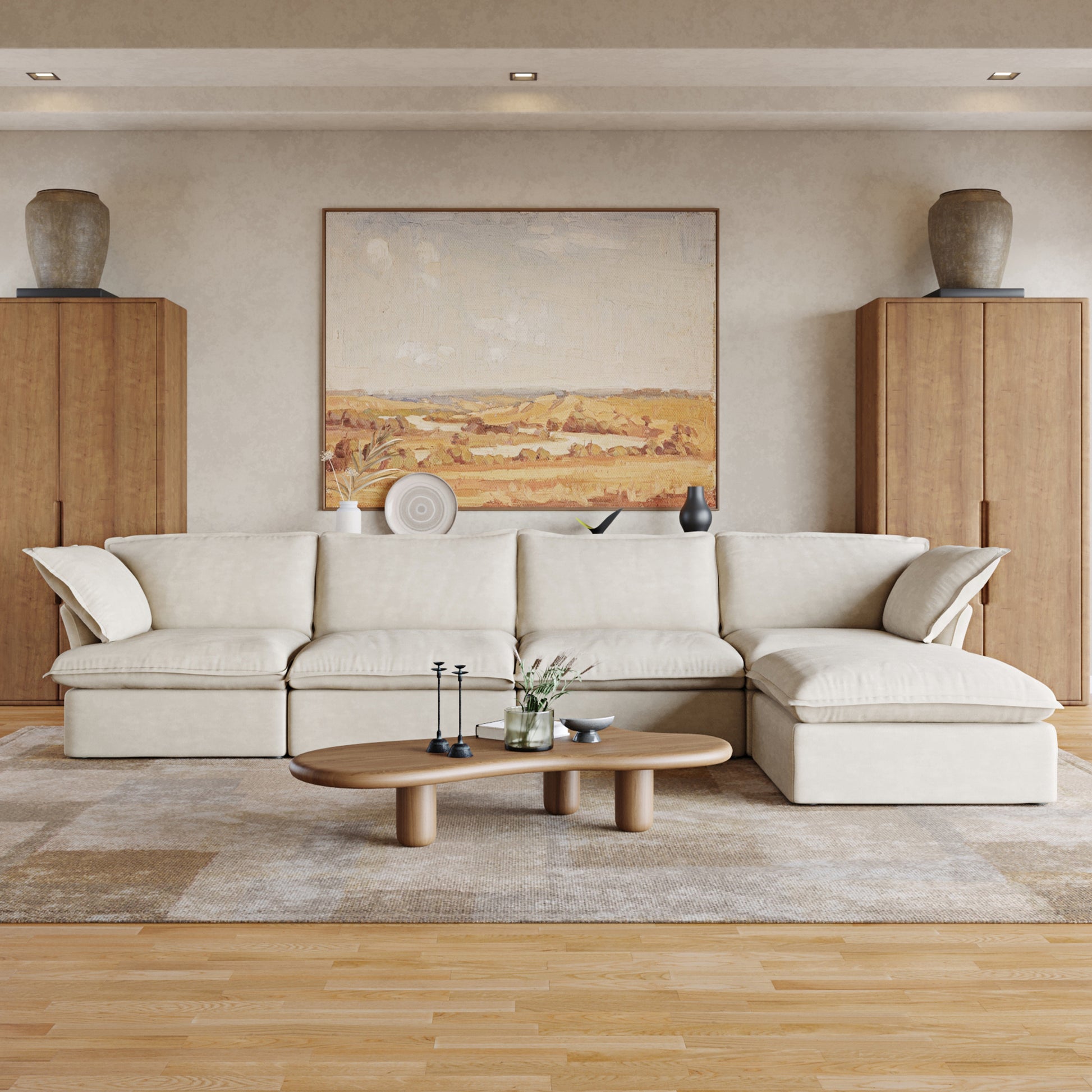 Sabi Modular Boucle Cloud Sofa - Beige - 4-Seater Sectional Sofa with Ottoman - Nuvé