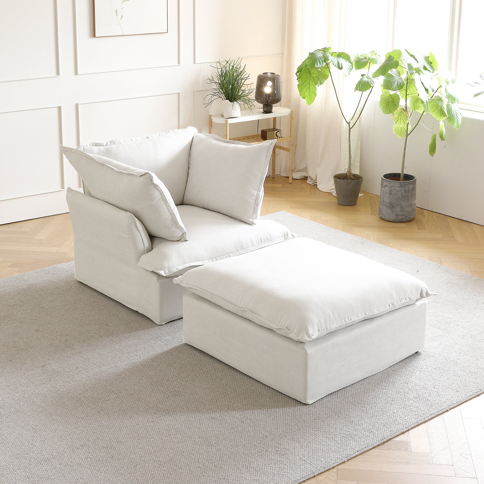 Sabi Modular Boucle Cloud Sofa - Snow White - Single Seater Sofa with Ottoman - Nuvé