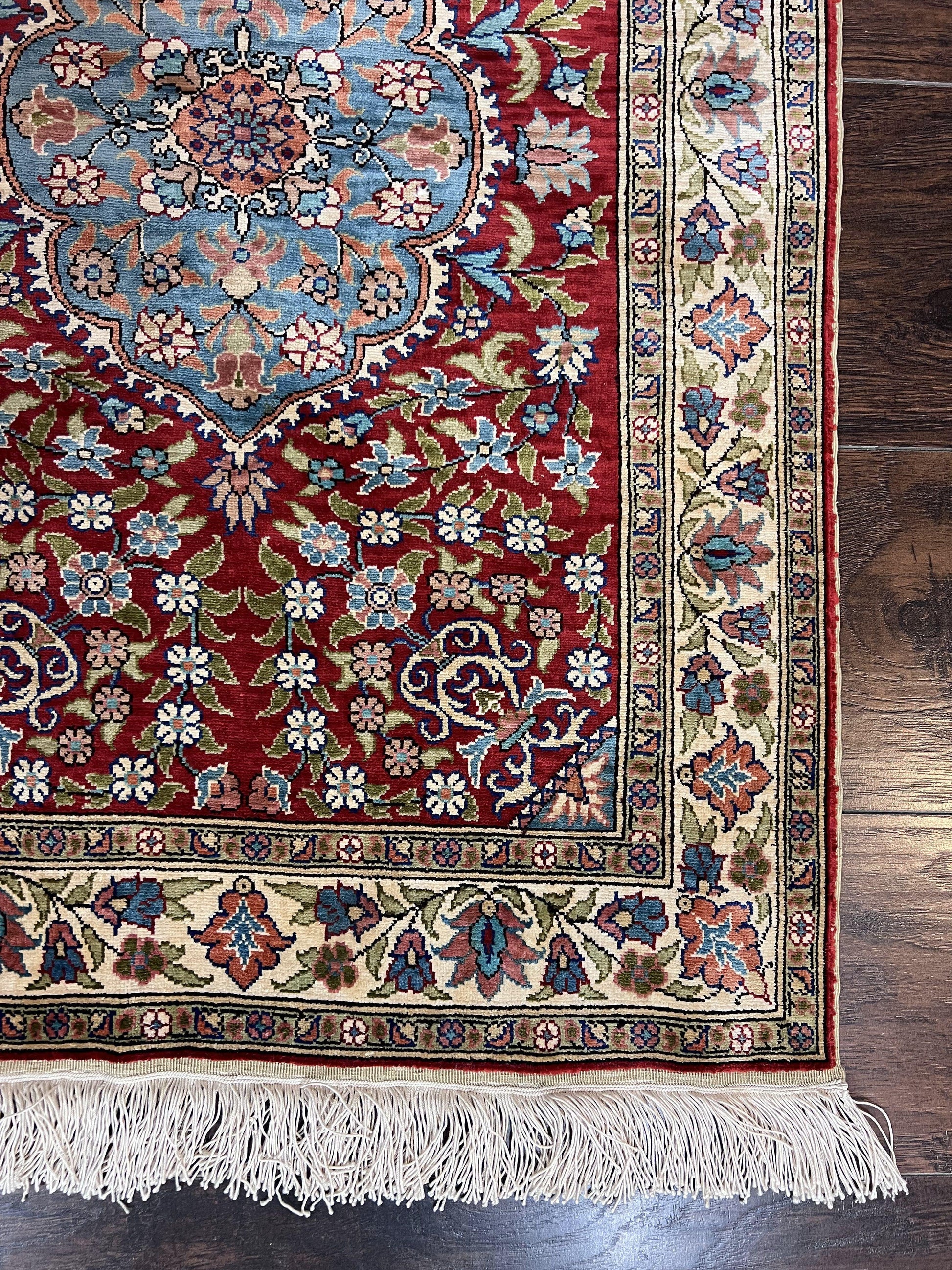 Silk Turkish Kayseri Rug 2x3, Small All Silk Turkish Carpet, Red and Light Blue, Very Fine Hand Knotted Semi Antique Vintage Handmade Rug - Nuvé