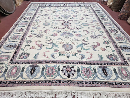Ivory & Teal Indo Persian Area Rug 9x12, Wool Hand-Knotted Oriental Carpet, 9 x 12 Soft Traditional Living Room Rug, Dining Room Rug - Nuvé