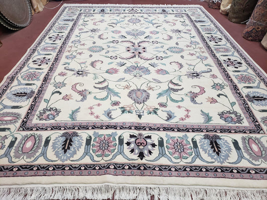 Ivory & Teal Indo Persian Area Rug 9x12, Wool Hand-Knotted Oriental Carpet, 9 x 12 Soft Traditional Living Room Rug, Dining Room Rug - Nuvé