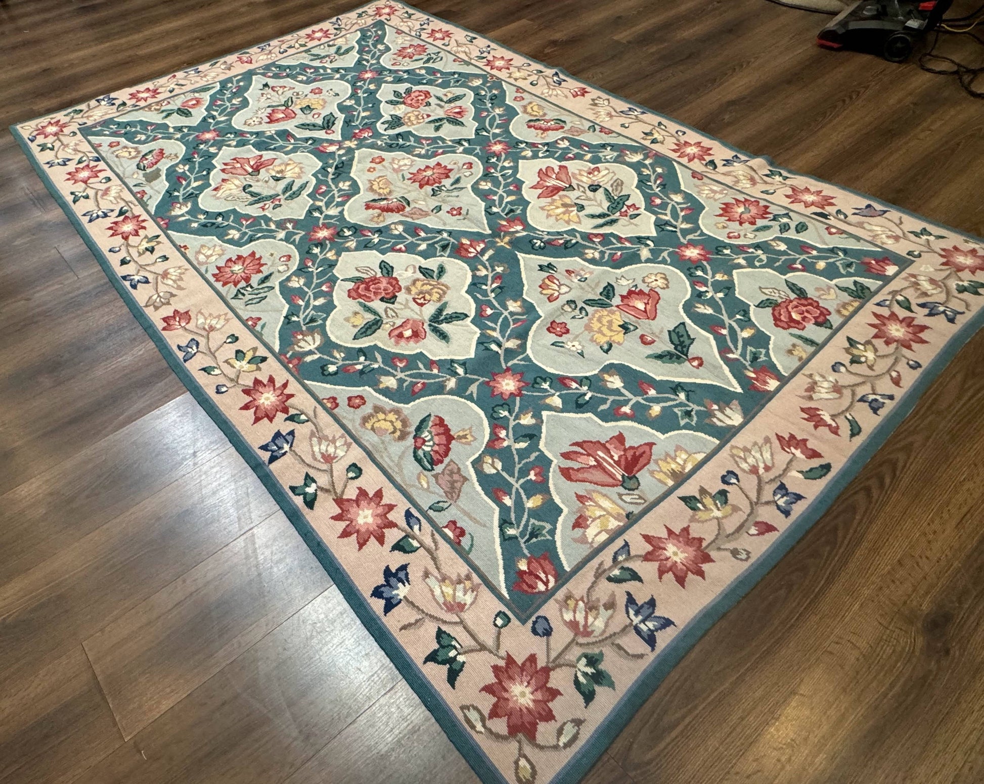 Teal Needlepoint Rug 6x9, Panel Design, Floral Bouquets, Handmade - Nuvé